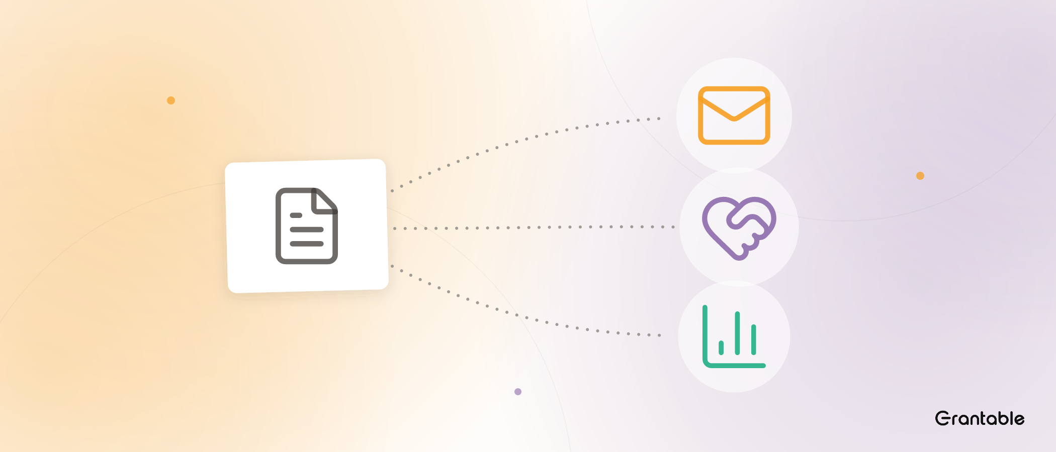 One source document fans dotted lines out to a mail envelope, a heart-and-handshake, and a rising chart.
