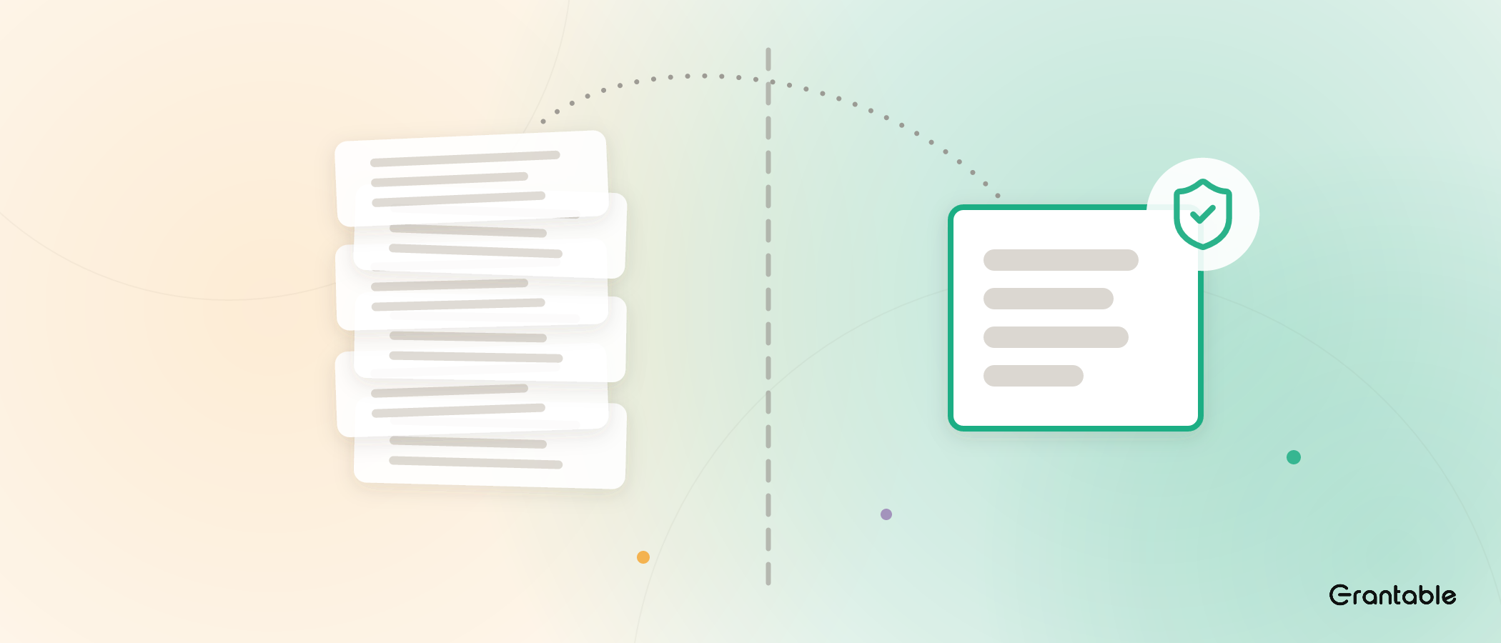 A teetering stack of dense policy pages on one side of a dashed divider, and a single clean four-line card under an emerald shield check on the other.