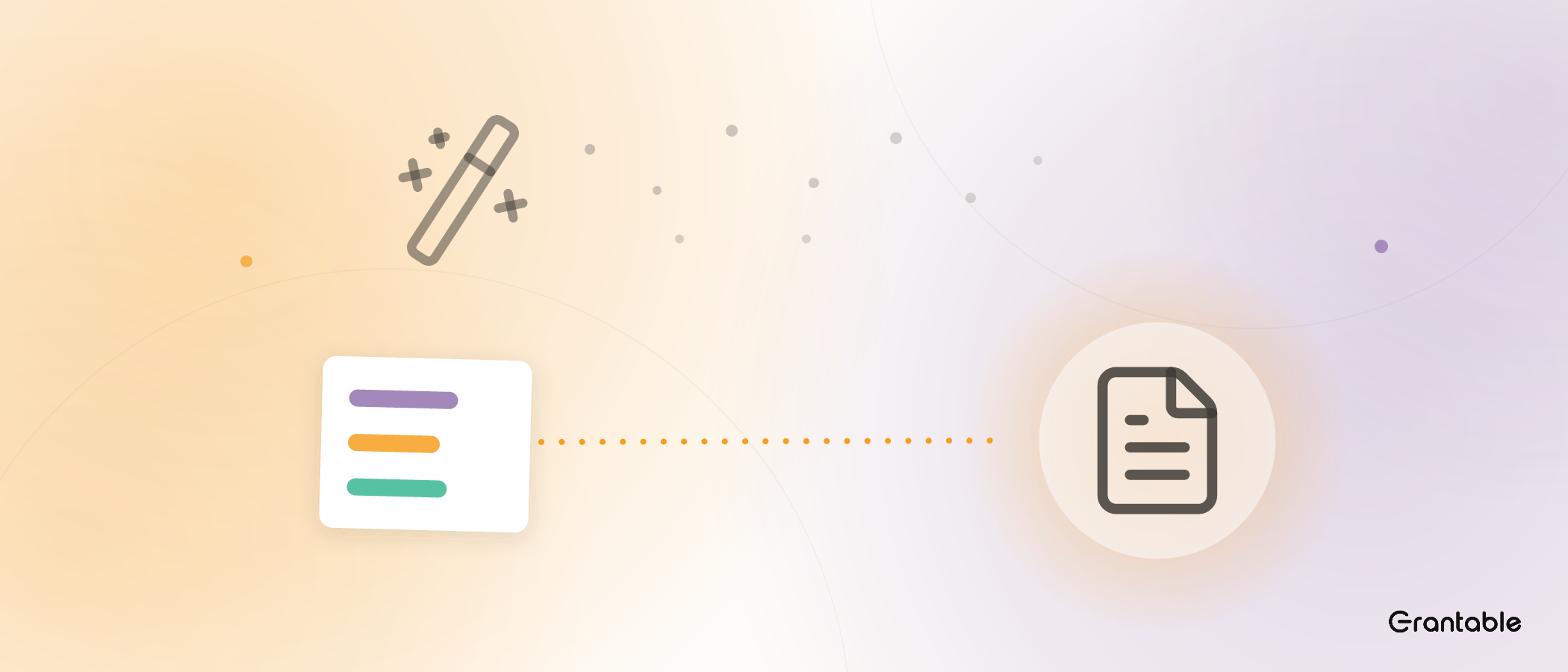 A faded magic wand sprays scattered dots, while a structured three-line prompt card sends one straight dotted beam into a clean document.