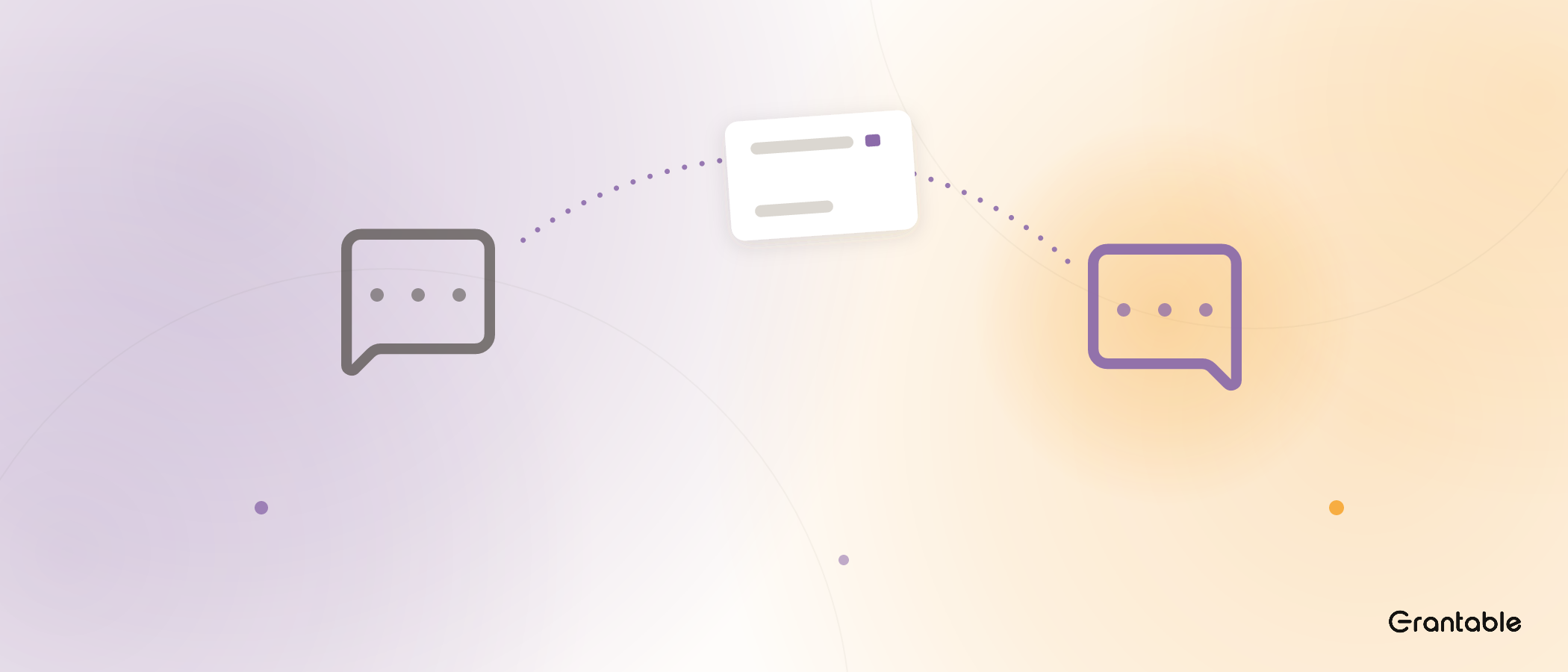 Two speech bubbles face each other across a gap — one grey, one amethyst — while a dotted line arcs between them carrying a small proposal card.