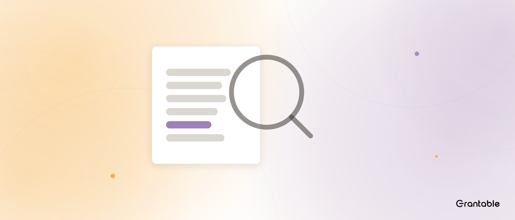 A large magnifier hovers over a grant page and finds the same grey text inside and out — only one amethyst disclosure line stands apart.