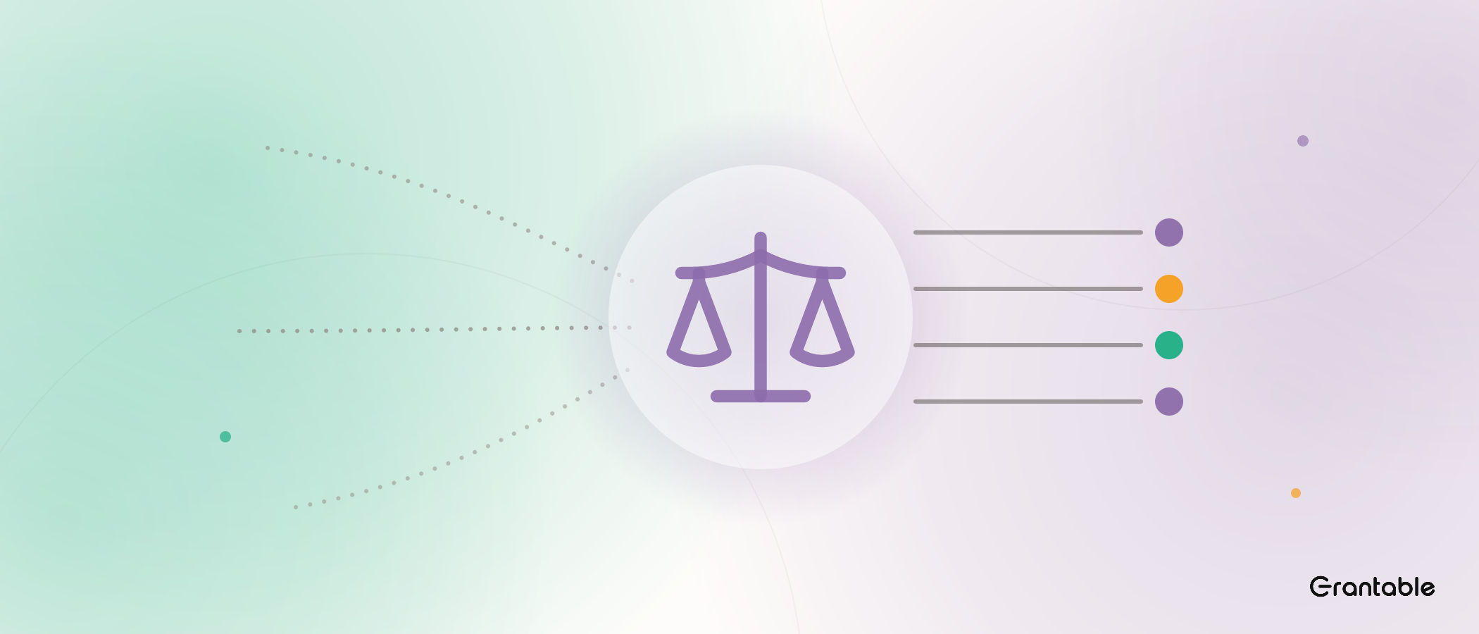 Uneven dotted lines arrive at a balanced amethyst scale and leave as equal, evenly spaced lines ending in equal-sized dots.