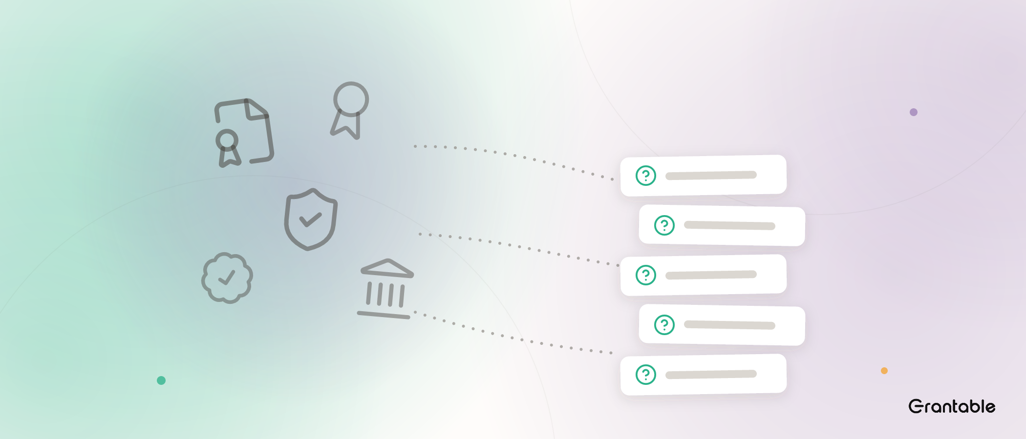A cloud of compliance badges and awards funnels through dotted lines into a tidy row of five question chips.