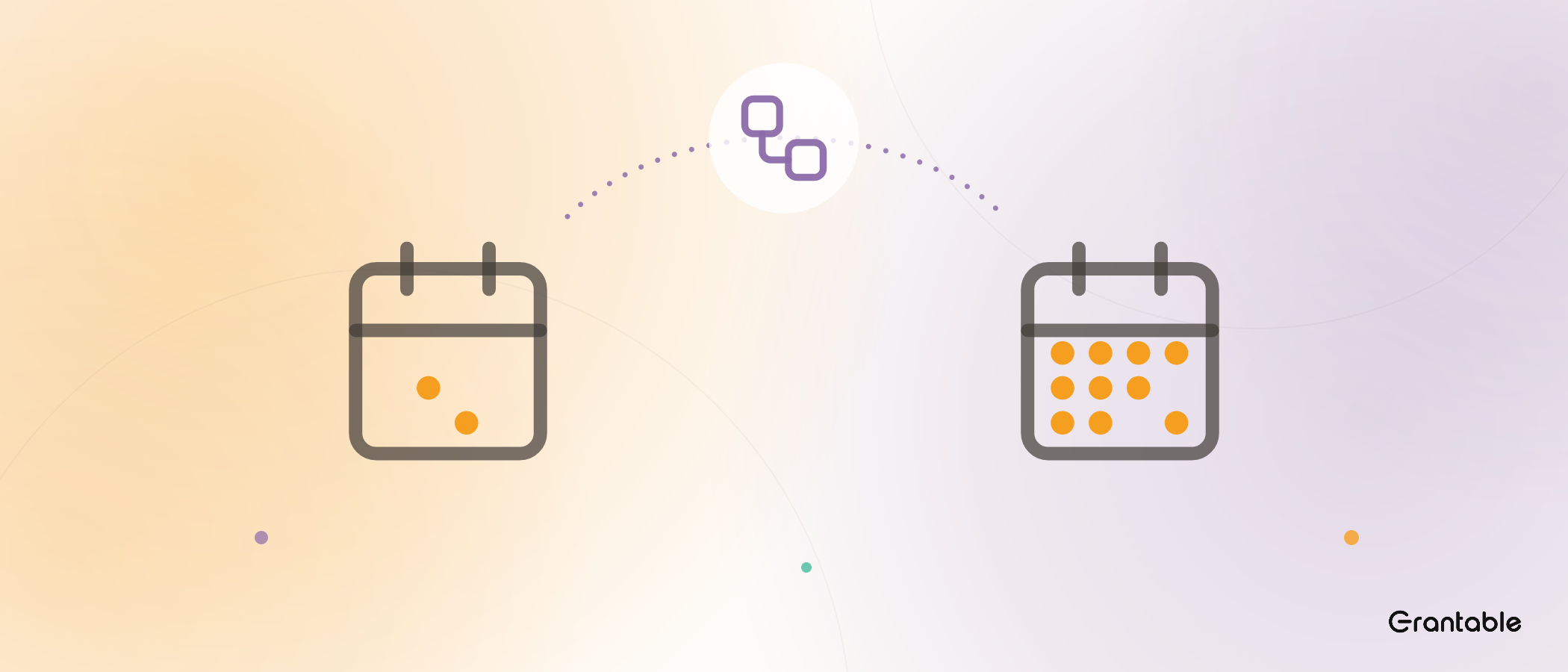 Two calendar icons: the first month holds two marigold dots, the second holds ten, joined by a dotted arc carrying a small workflow icon.
