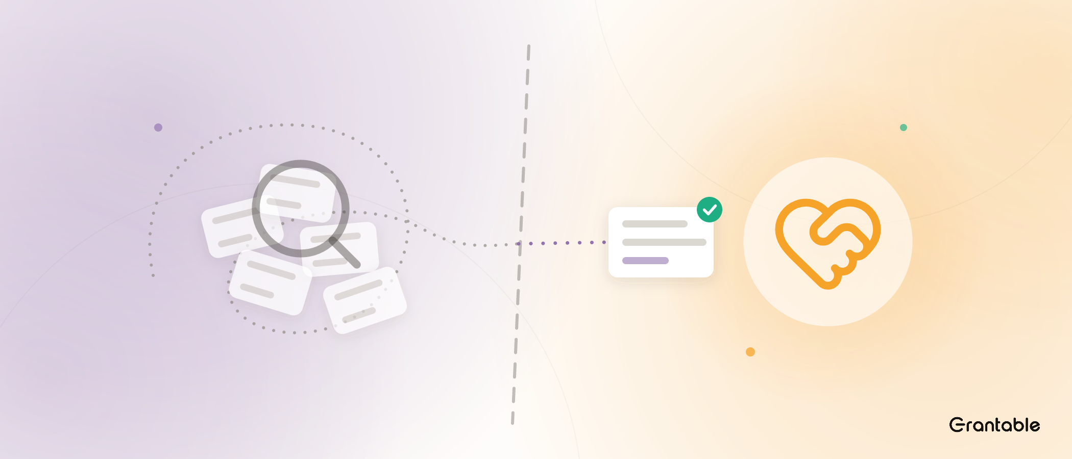 On the left, a faded magnifying glass hovers over a scattered pile of search-result cards while a dotted path loops around it; the path crosses a dashed line and runs straight to one clean brief card with an emerald check, next to a marigold heart-and-handshake.