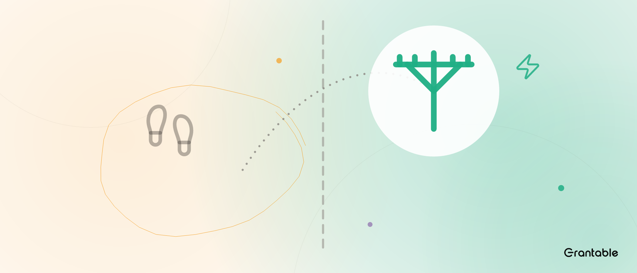 A ghosted pair of footprints circled in pencil on the left of a dashed divider, with a dotted path rising across it to a bright transmission pole under a small lightning bolt on the right.