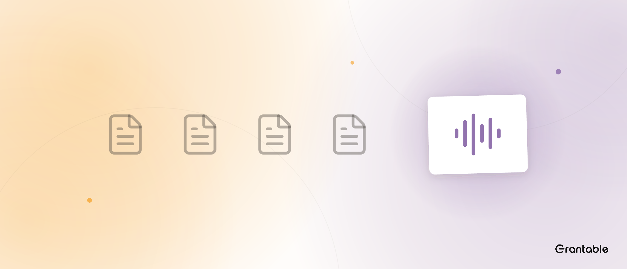 Four identical grey document icons in a row, then one bright card breaking the pattern with amethyst voice waves.