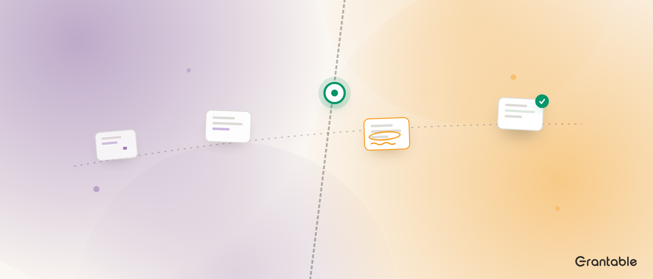 Documents travel a dotted path across a dashed seam: half-written on the amethyst side, marked up in marigold by a separate reviewer on the other side, watched by an emerald eye at the seam, and leaving with an emerald check