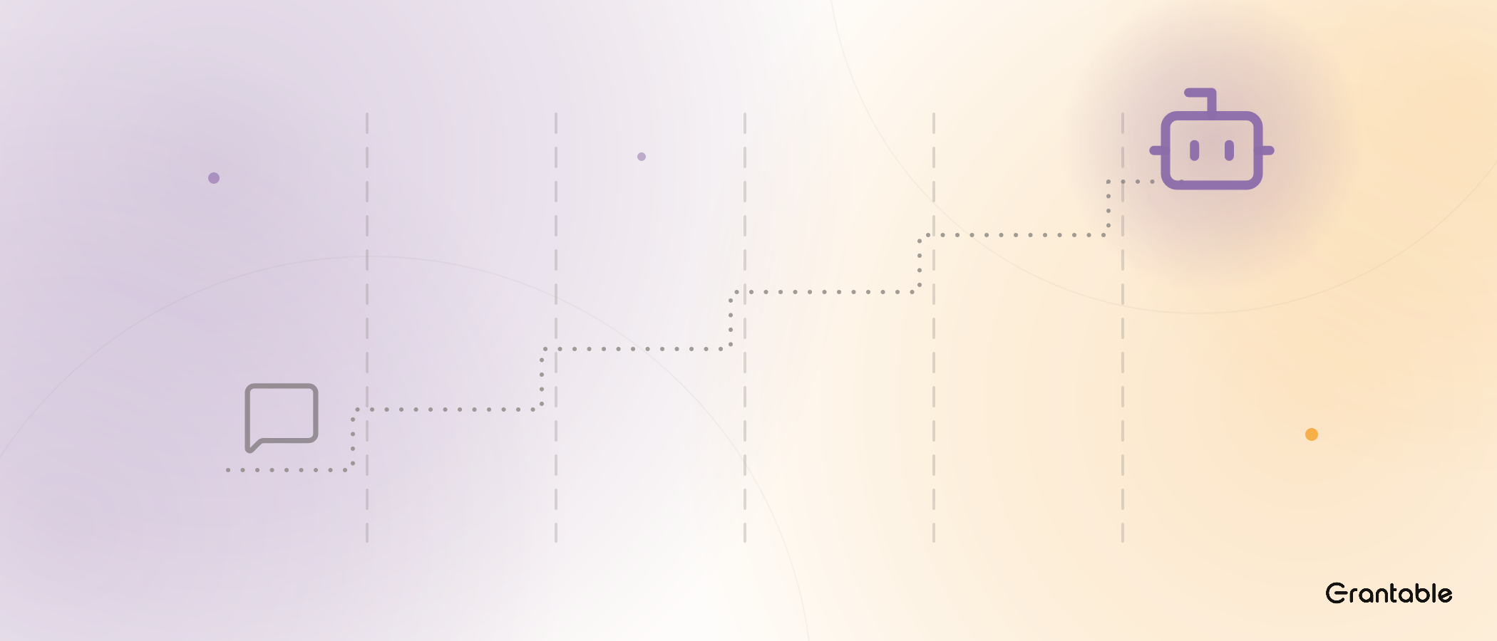 A dotted staircase climbs left to right across five dashed era lines, from a faded chat bubble on the lowest step to a bright robot standing at the top.