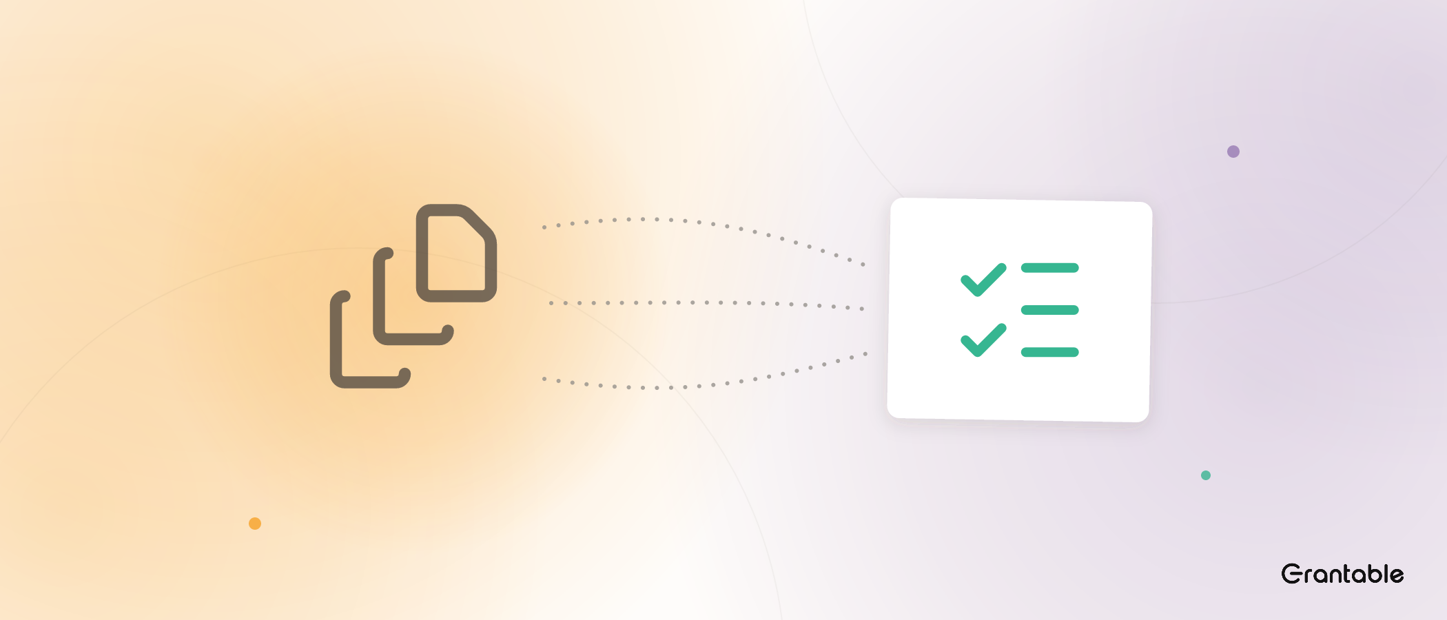 A dense stack of files funnels along dotted lines into a bold emerald checklist on a clean card.