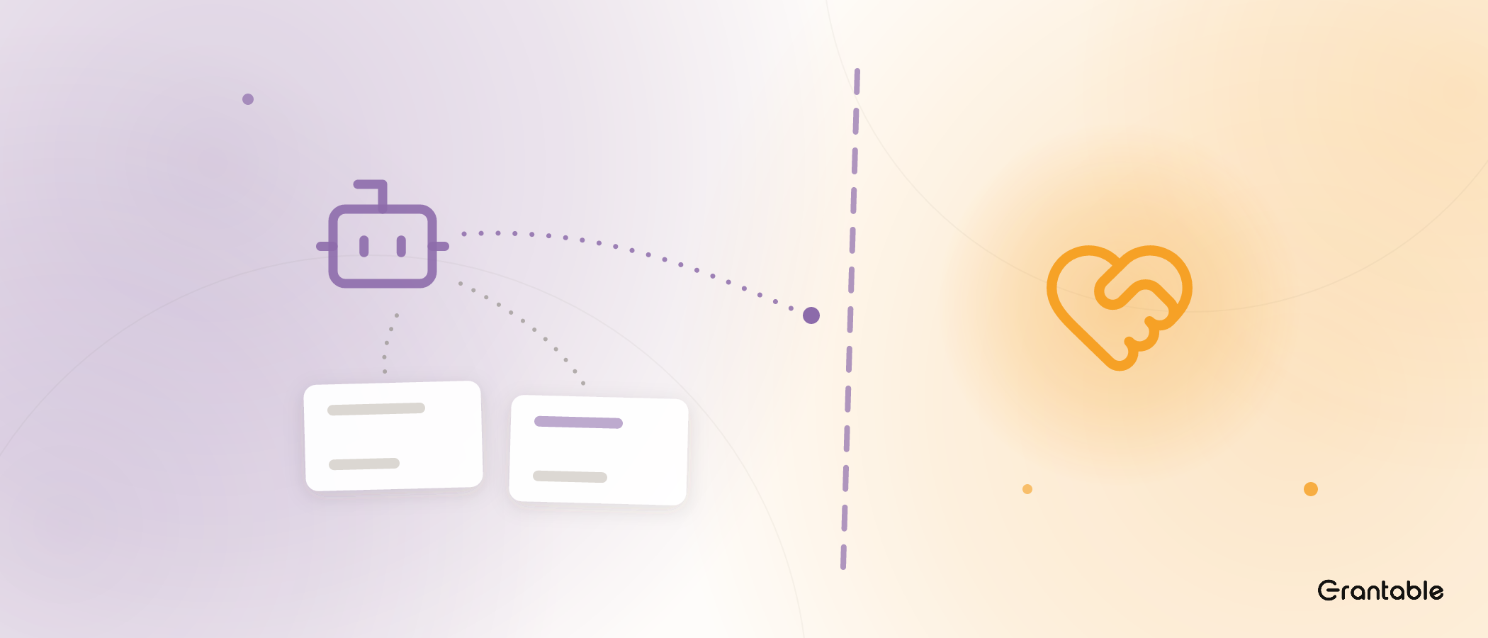 A robot icon sends dotted paths through research documents, but the path stops at a dashed boundary — beyond it, a warm heart-and-handshake stands alone.