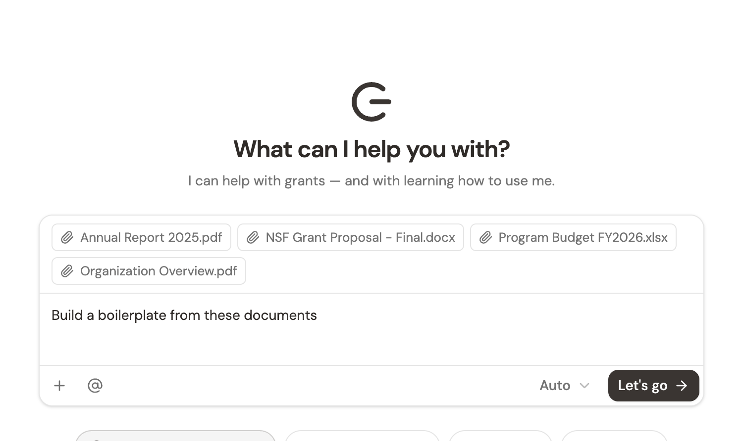 The Grantable chat input with four attached documents and a prompt ready to send