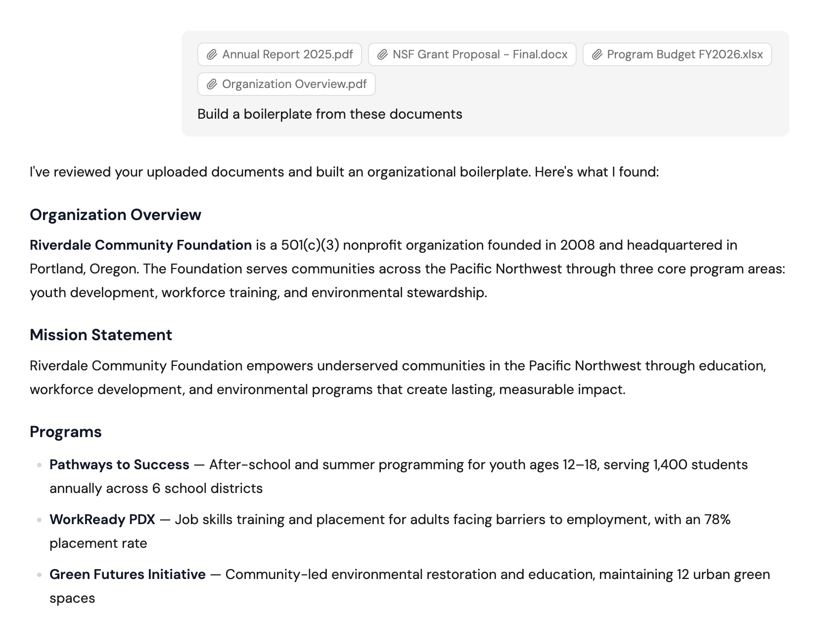 An AI response showing a generated organizational boilerplate with mission, programs, and key facts