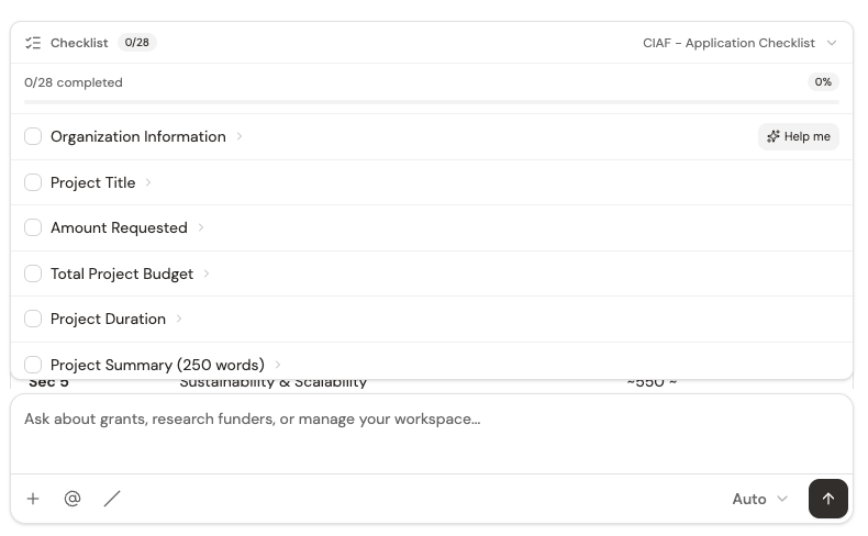 An RFP checklist extracted by Grantable: 28 requirements grouped by category, with a progress bar