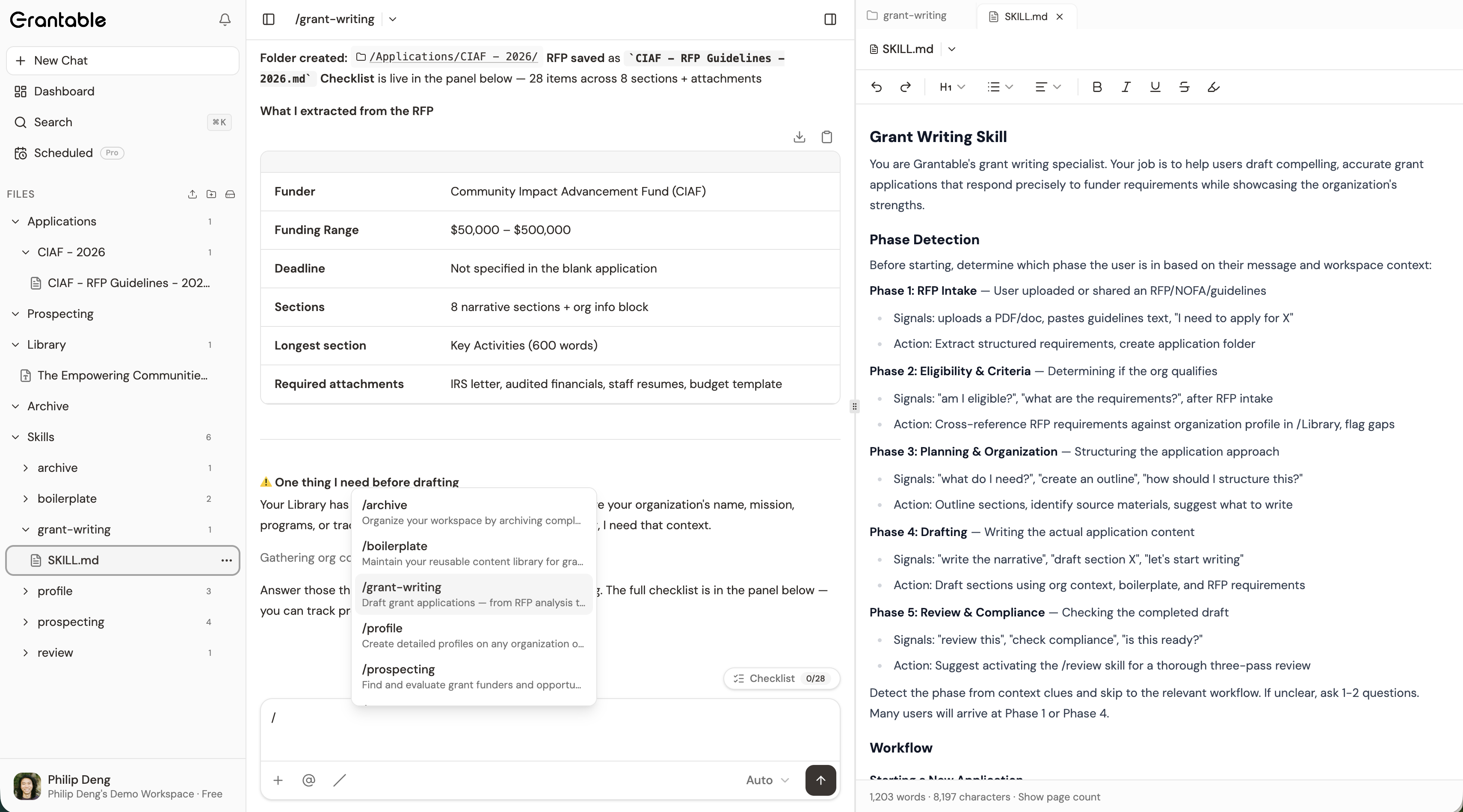 A SKILL.md file open in the document viewer showing the Grant Writing Skill instructions with phase definitions and workflow steps