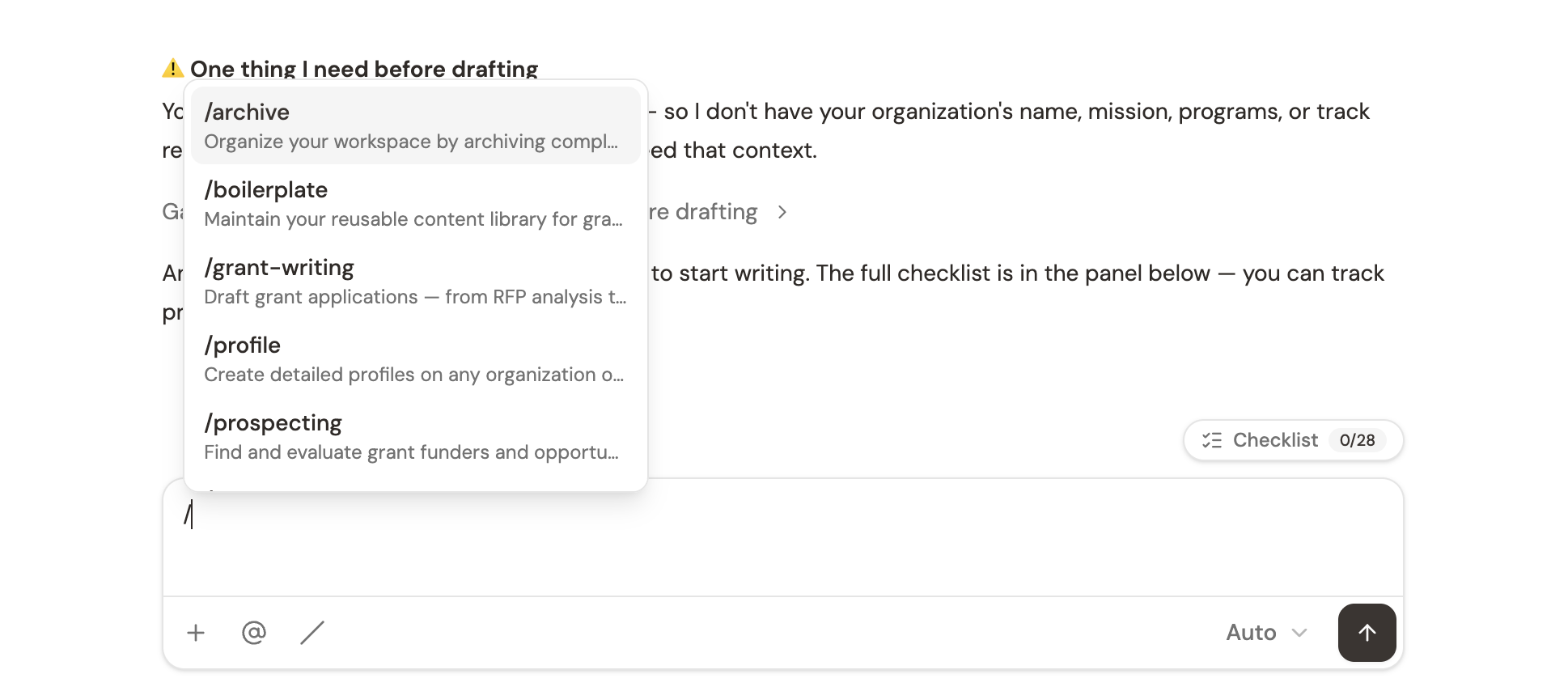 The skill picker showing available skills like /archive, /boilerplate, /grant-writing, /profile, and /prospecting